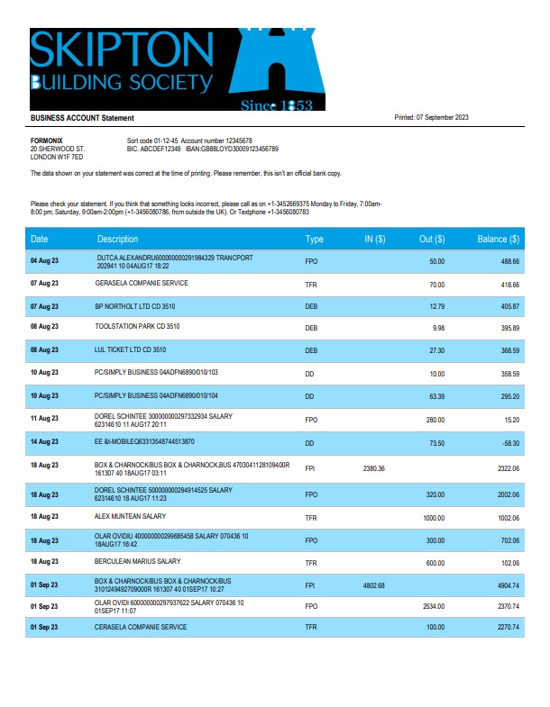 Modèle Word et PDF de relevé de compte de la Skipton Building Society Bank